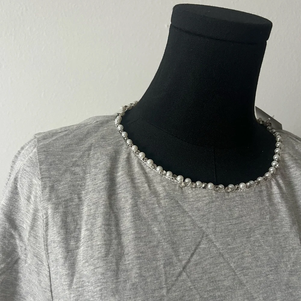 J. Crew Gray Pearl and Crystal Embellished Tee Size‎ Medium NWT